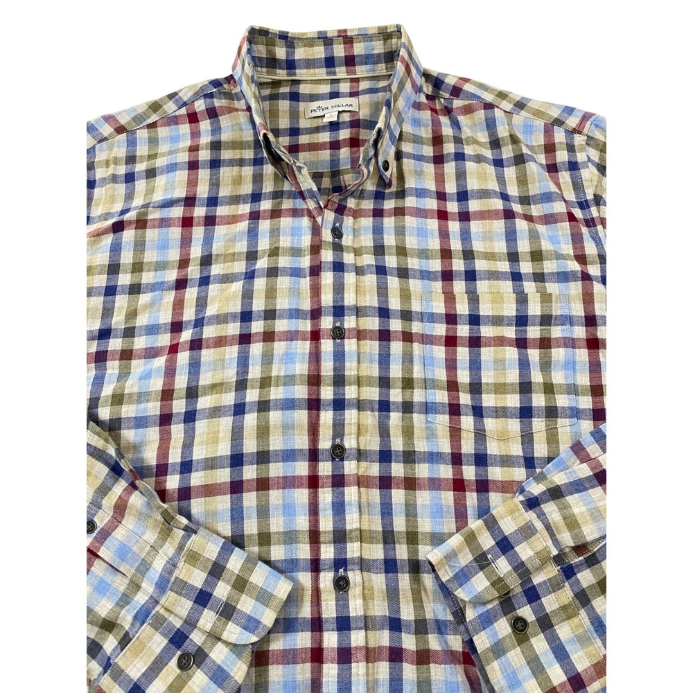 Peter Millar Mens Large Plaid Button Down Shirt Blue Red Tan Long Sleeve‎ L